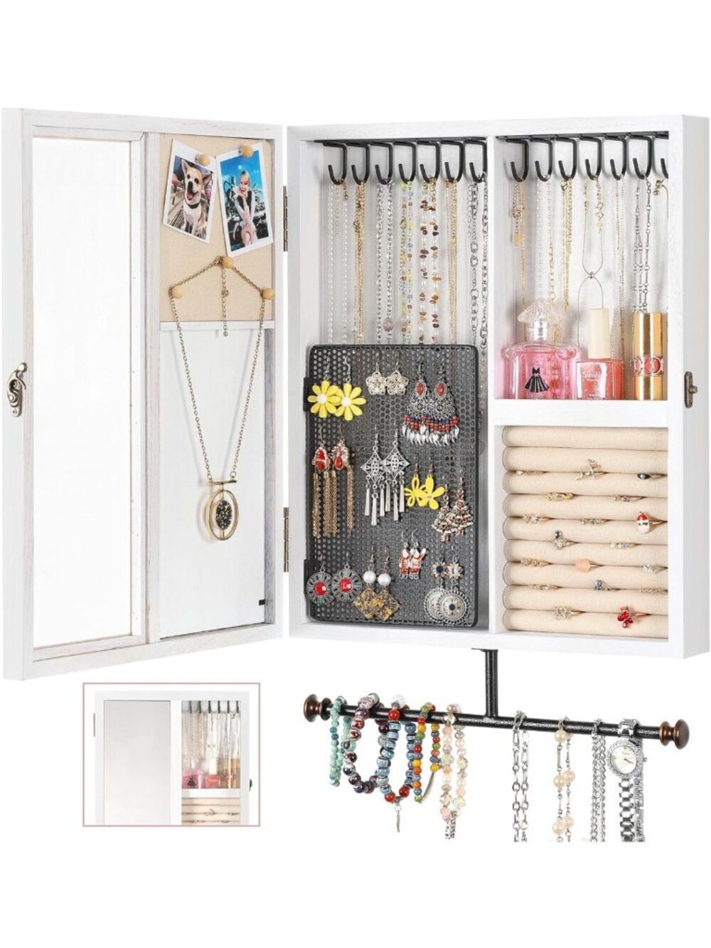 Rustic Wall Jewelry Organizer with Mirror - Large Capacity Storage for